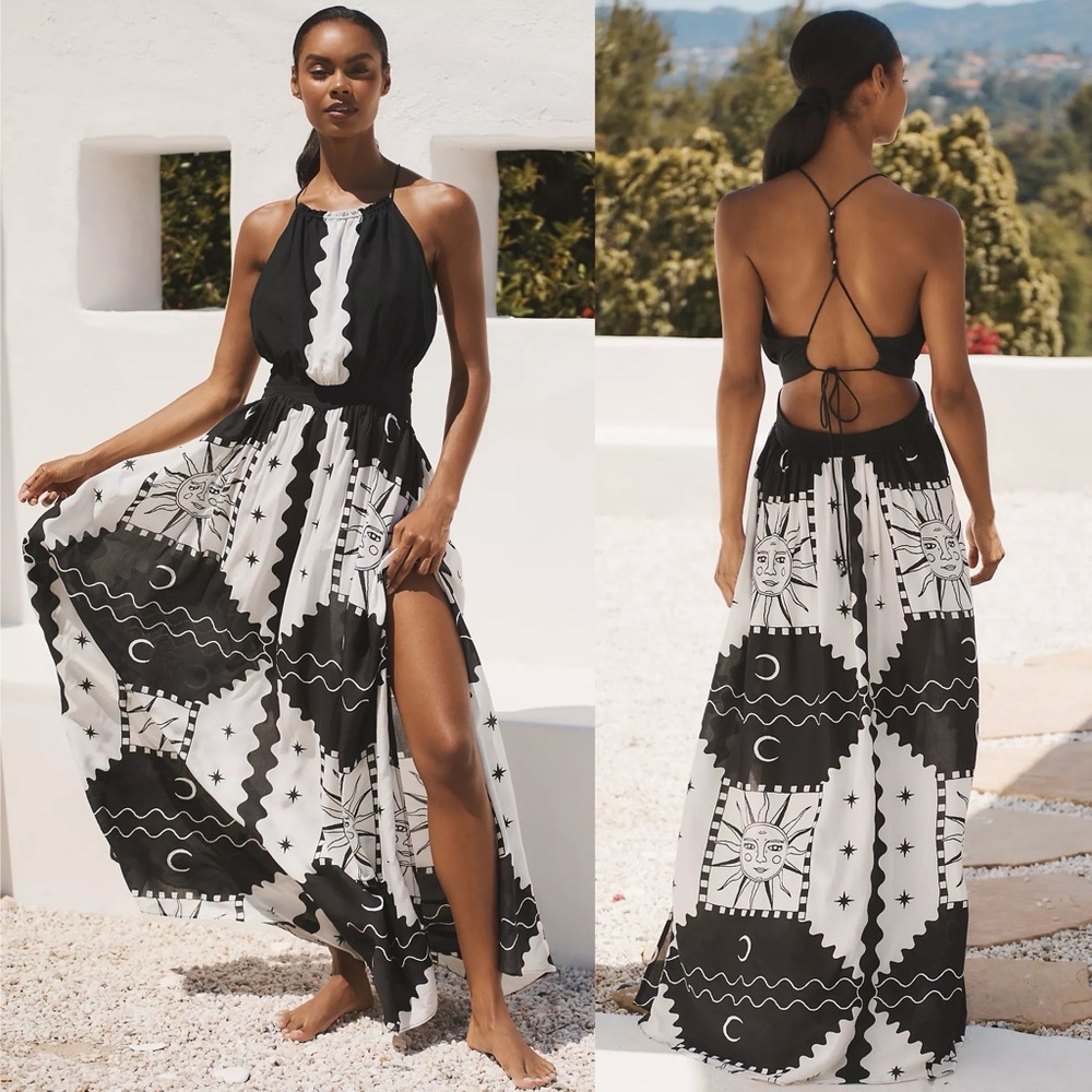 NWT Anthropologie Tigre Indigo Sun Moon Beaded Halter Maxi Dress
